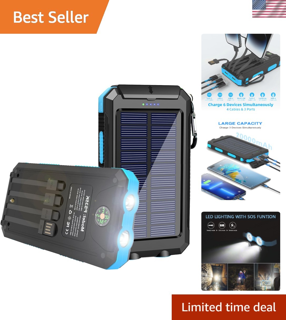 Portable Solar Power Bank 20000mAh Blue