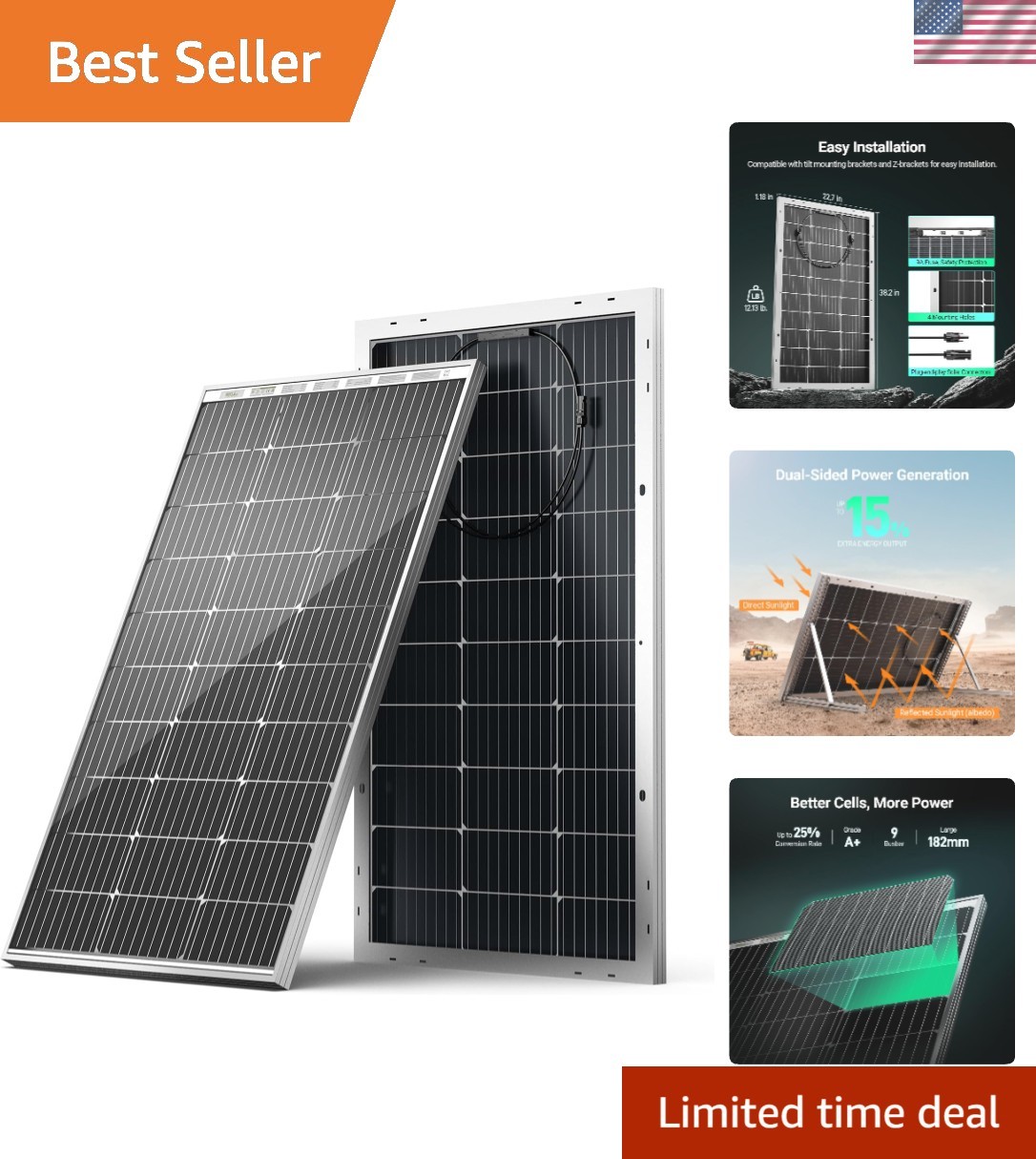 Bifacial Monocrystalline Solar Panel 100W 12V High Efficiency for Off-Grid Ch…
