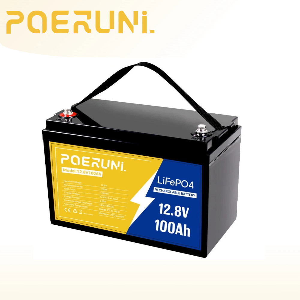 POERUNI 100Ah 12V Lithium LiFePO4 Battery 8000+ Deep Cycle for Solar RV Marine