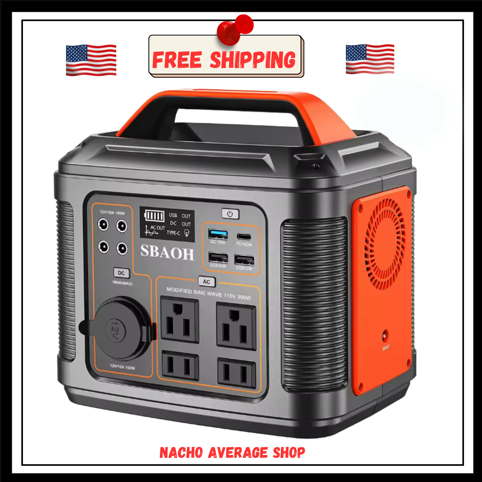 Portable Power Station 300W 296Wh Solar Generator w/ AC Outlets DC USB LED