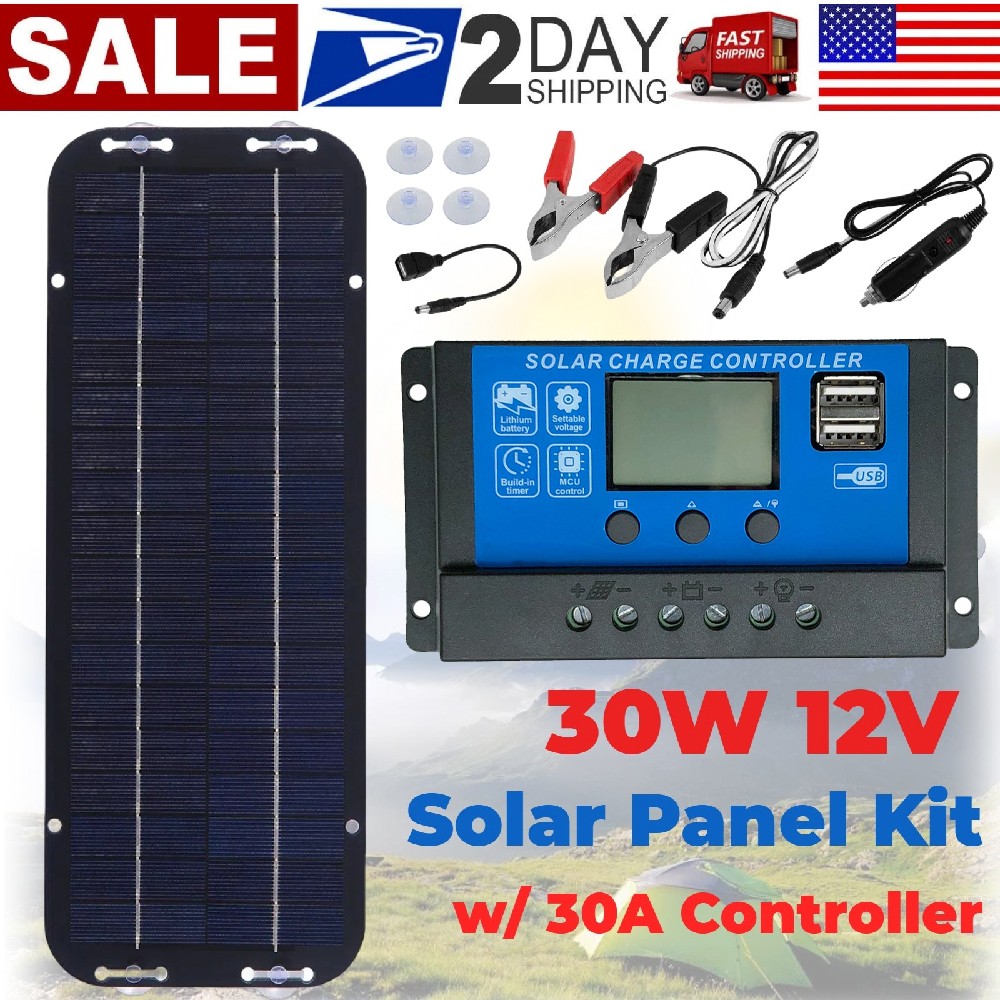 30 Watts Solar Panel 12V Trickle Charger Battery Charger Kit with 30A Controller