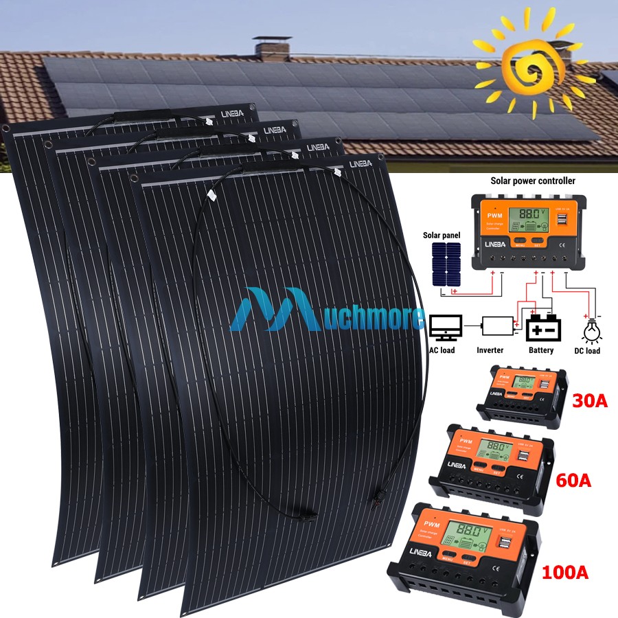 For Home RV 200W 400W Flexible Solar Panel & 100A 12V Battery Charger Controller