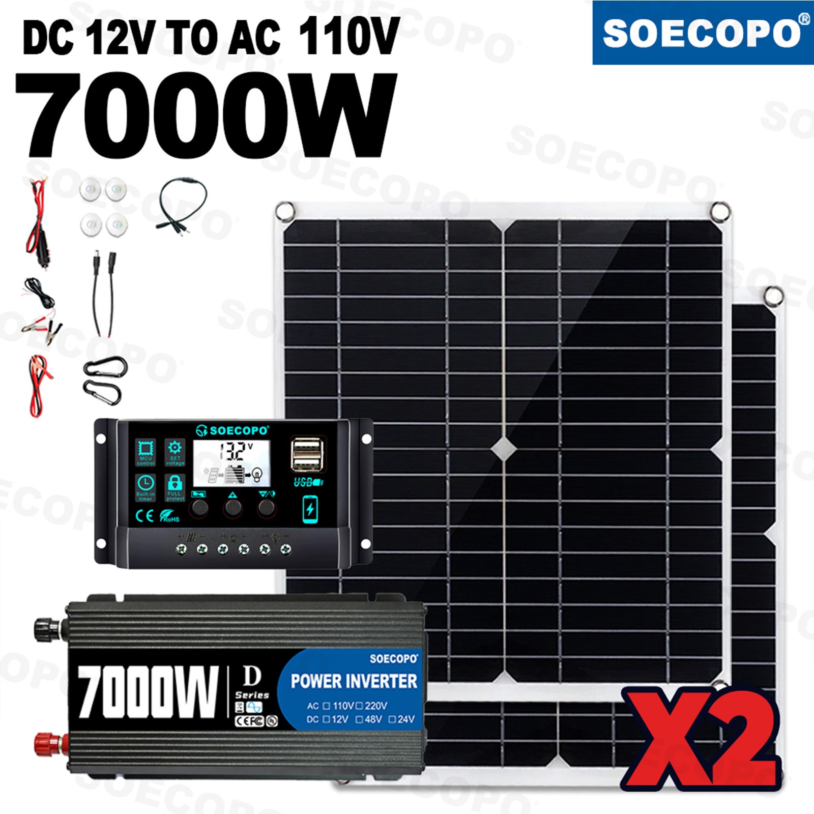 Complete 7000W Off-Grid Solar Kit 7000W Inverter 2pcs 300W Solar Panels 110V/2ta