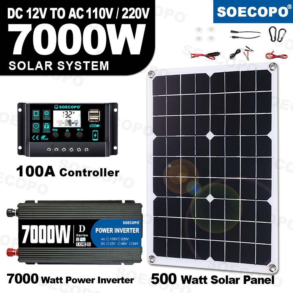 7000W Solar Kit 12V 110V Inverter Battery ChargerLighting Camping 500W Panel Uyj