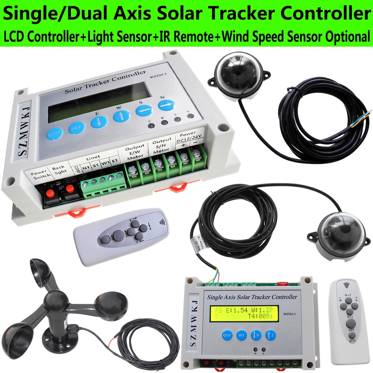 LCD Single/Dual Axis Solar Tracker Controller W/ Wind Sensor DIY Solar System IG