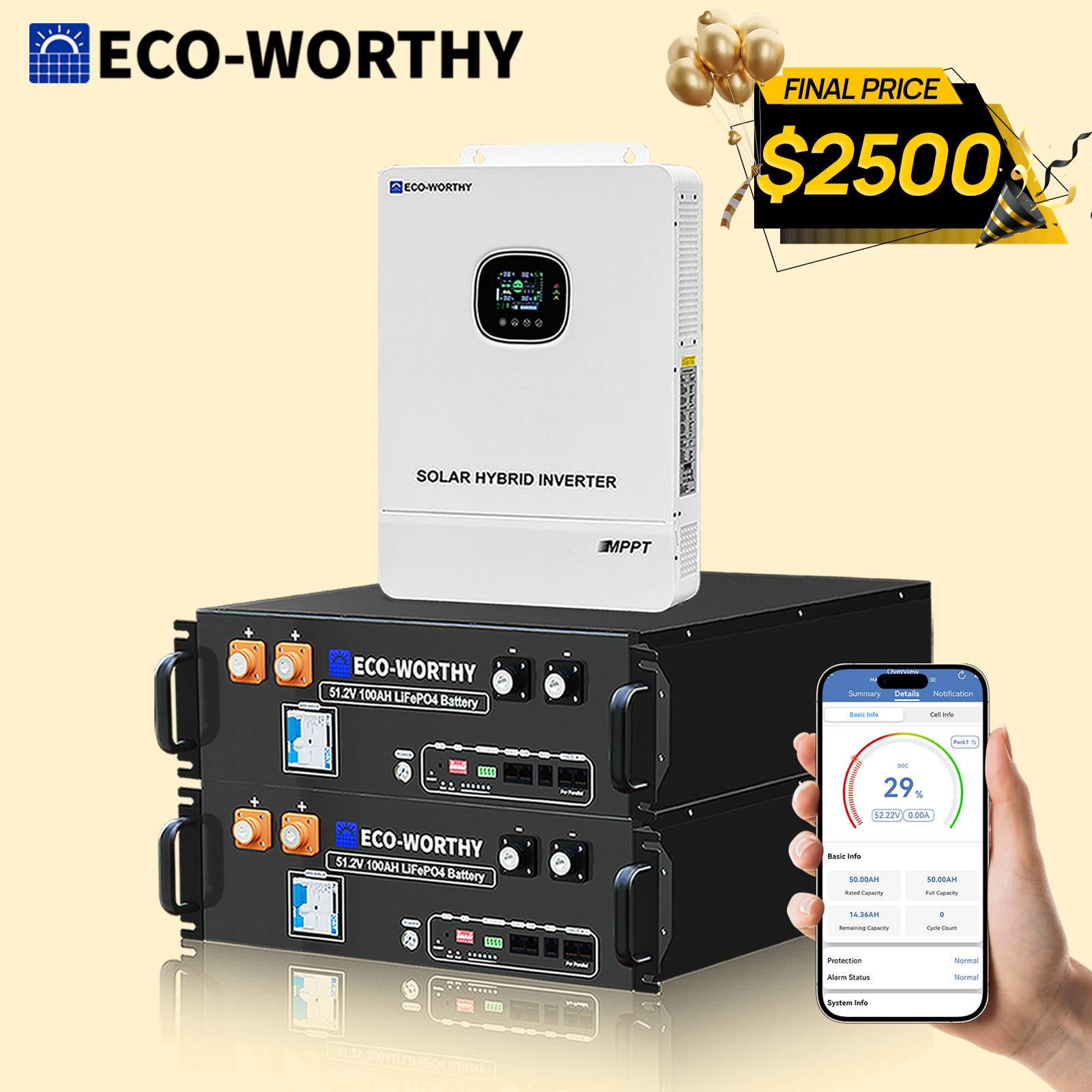 ECO-WORTHY Home Backup Power 2Pack 48V 100Ah Battery+10KW 48V Off-grid Inverter