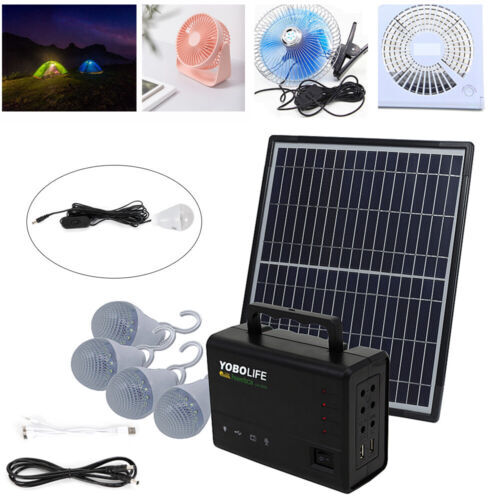 Portable Solar Panel Power Generator Kit Battery Pack Power Station w/4 Bulbs US