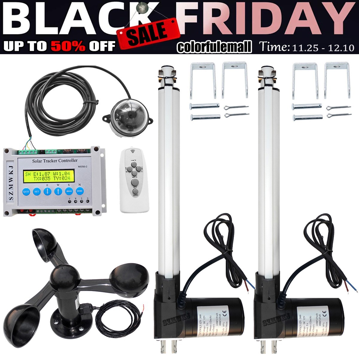 Dual Axis Solar Panel Tracking Controller -6000N 12″ Linear Actuators Anemometer