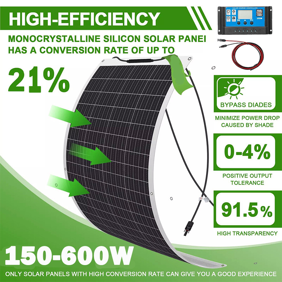 150-600W 12v Monocrystalline Solar Panel RV Camping Home Off Grid Caravan Boat