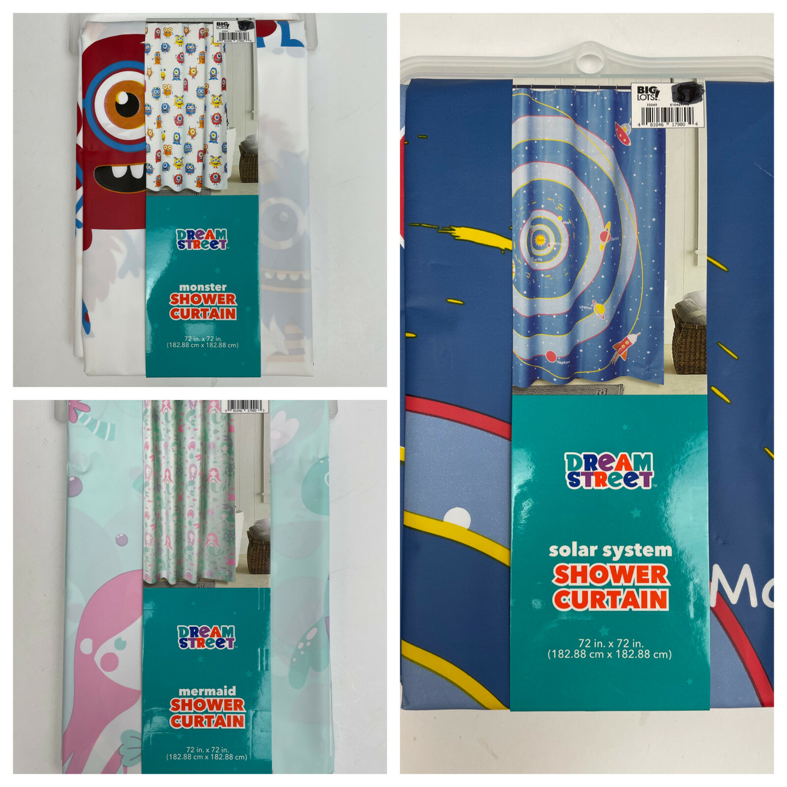 DREAM STREET Kids Vinyl SHOWER CURTAIN *Pick Monster, Solar System, Mermaid NIP