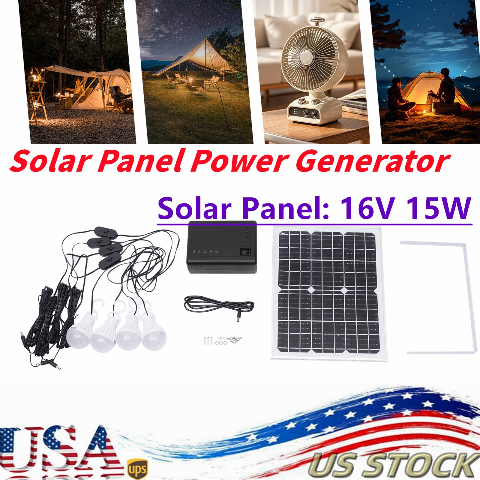 Portable Solar Panel Power Generator Kit Battery Pack Power Station w/4 Bulbs US