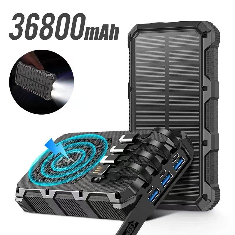 36800mAh Solar Wireless Power Bank Portable External Fast Charging Built 4 Cable