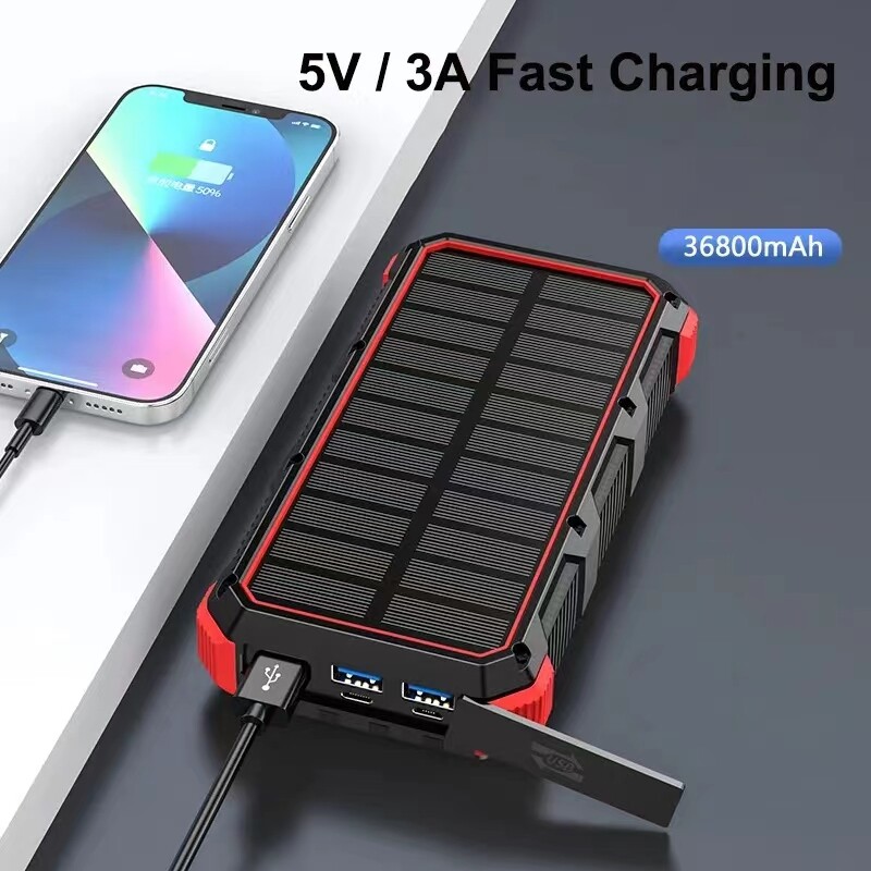 36800mAh Solar Wireless Power Bank Portable External Fast Charging Built 4 Cable
