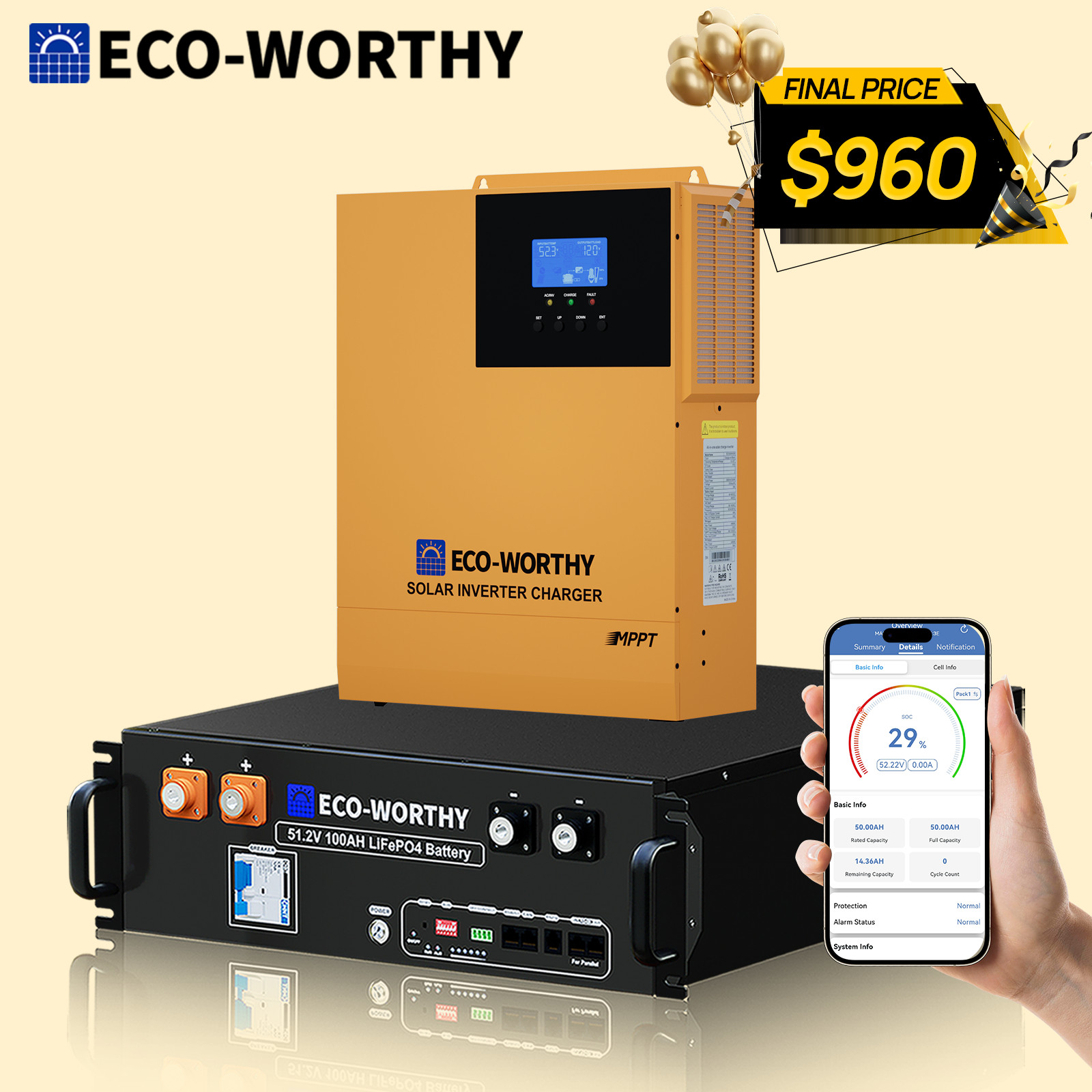 ECO-WORTHY Home Backup Power V3 48V 100Ah LiFePO4+3500W 48V Hybrid Inverter
