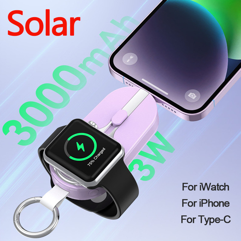 Mini Solar Power Bank 3000mAh Wireless Charger for iWatch iPhone Xiaomi Samsung