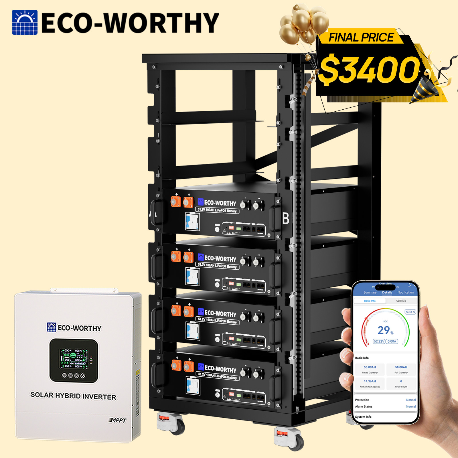 ECO-WORTHY Home Backup Power 4Pack 48V 100Ah Battery+5KW 48V Off-grid Inverter