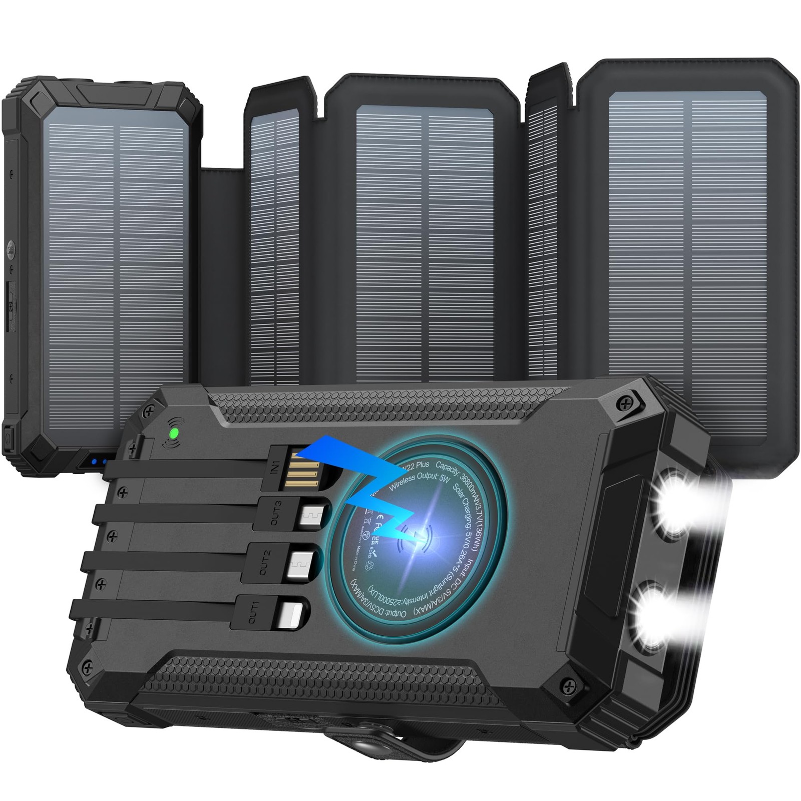 Solar Charger Power Bank, Portable Wireless Charger 36800mAh with Five Solar …