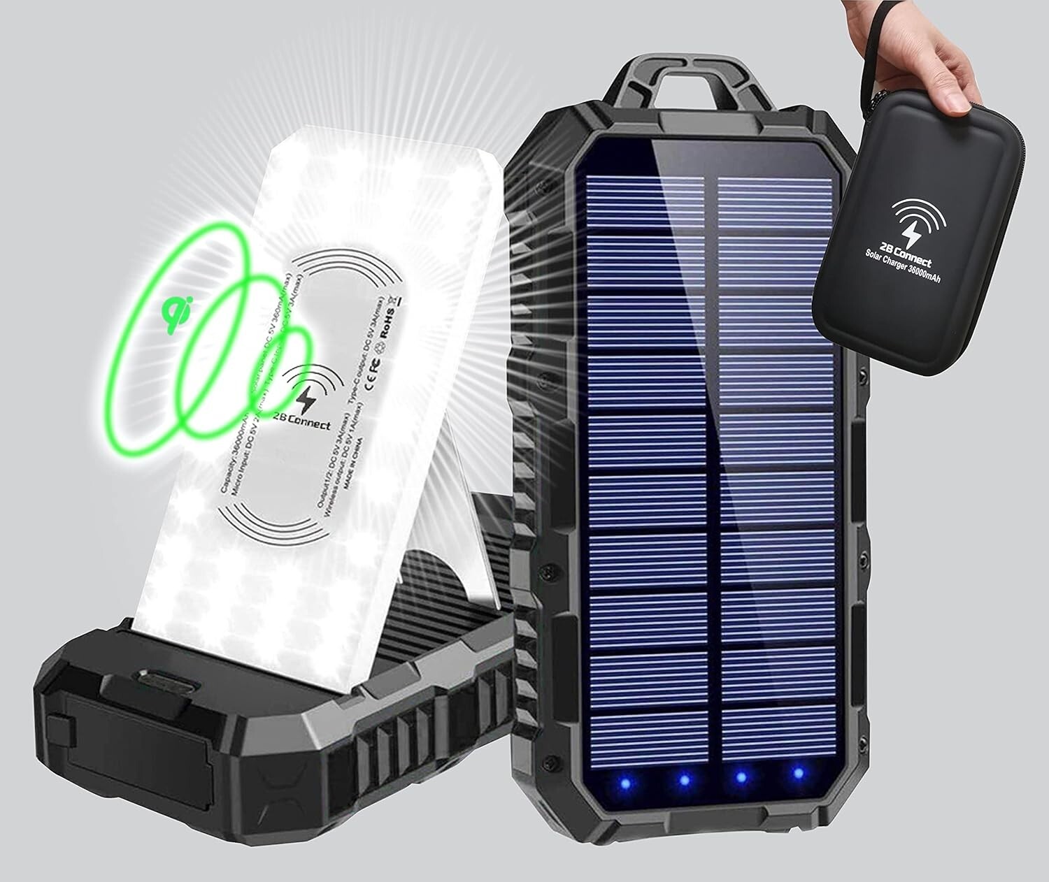 Solar Charger Power Bank 36000mAh – Wireless Phone Charger w Dual USB & Type-C