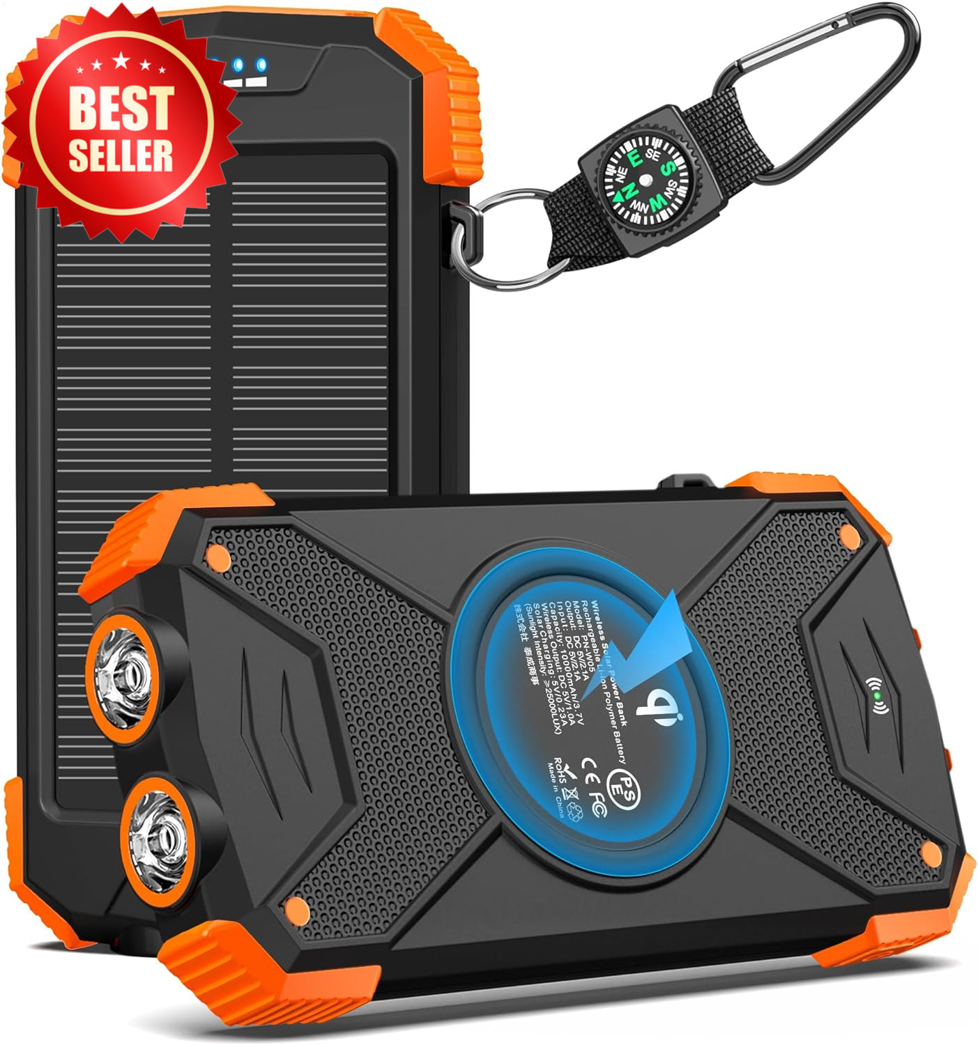 10,000mAh Wireless Solar Power Bank 20W Fast Charge USB‑C Dual Flashlight