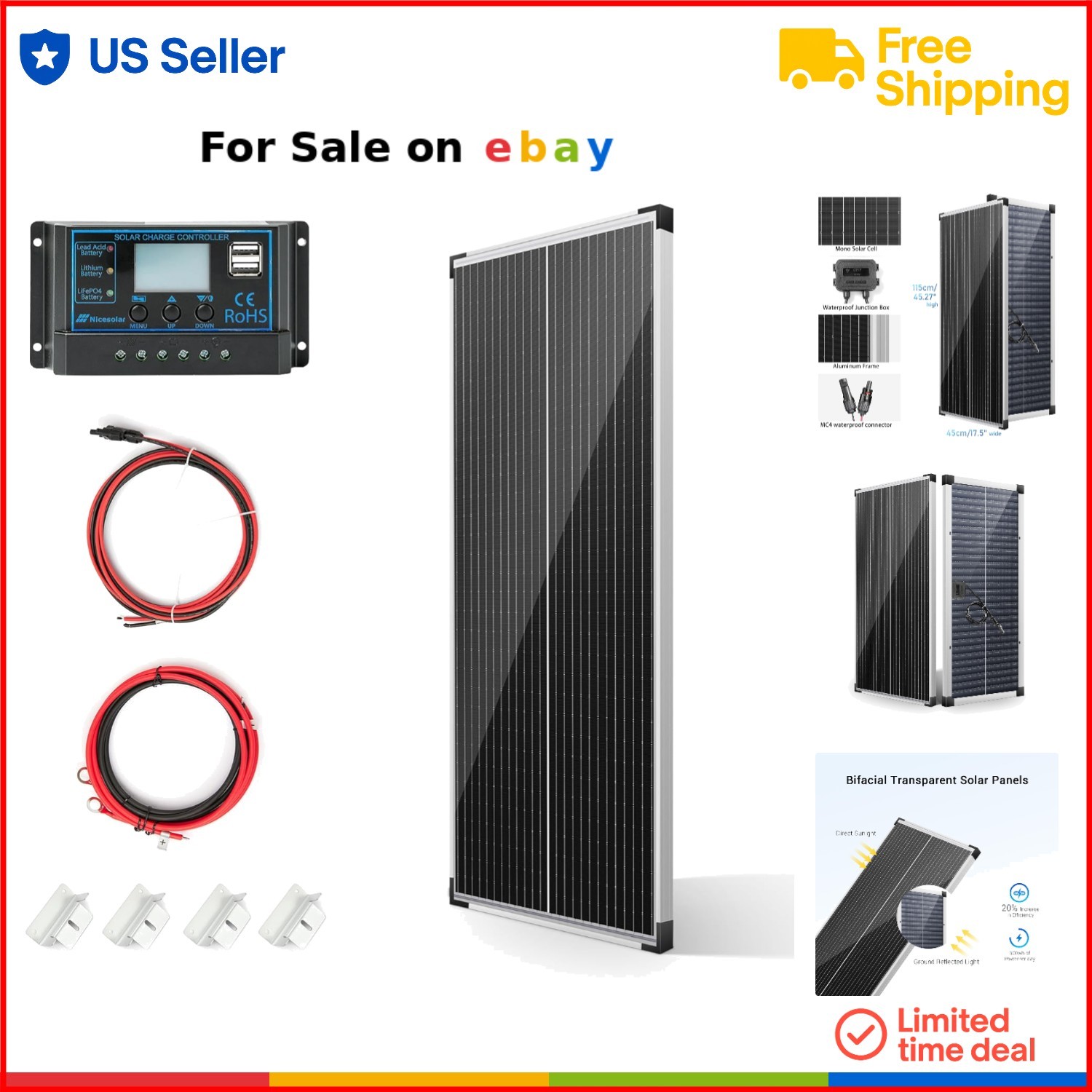 100W Bifacial Monocrystalline Solar Panel Kit for RV Boat Camp Garden Off Grid