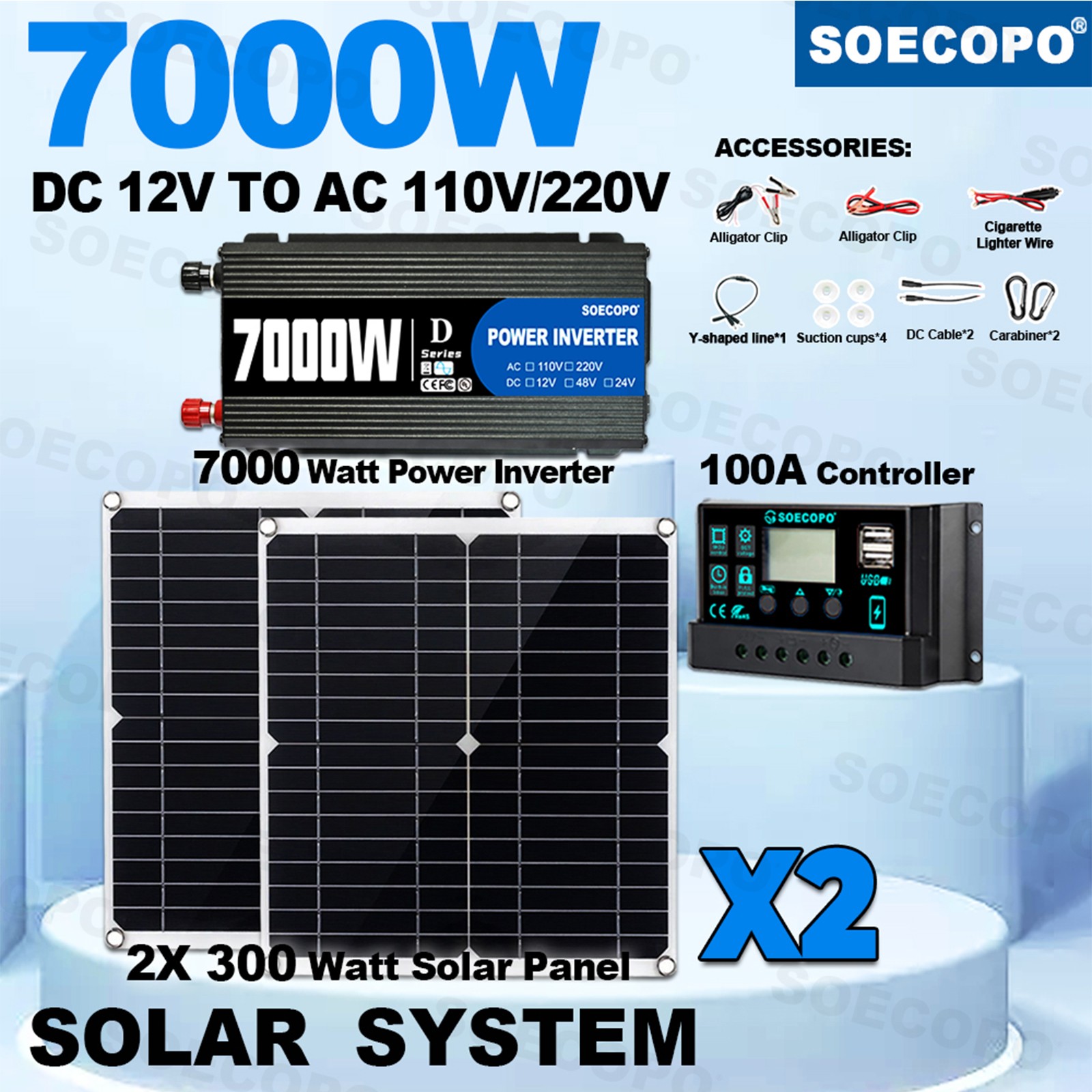 Complete 7000W Off-Grid Solar Kit 7000W Inverter 2pcs 300W Solar Panels 110V/2ta