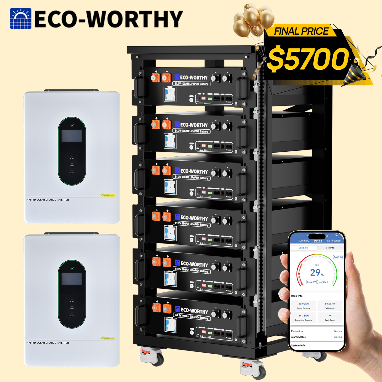 ECO-WORTHY 6Pack 48V 100Ah Lithium Battery+2Pack 12KW 48V Off-grid Inverter