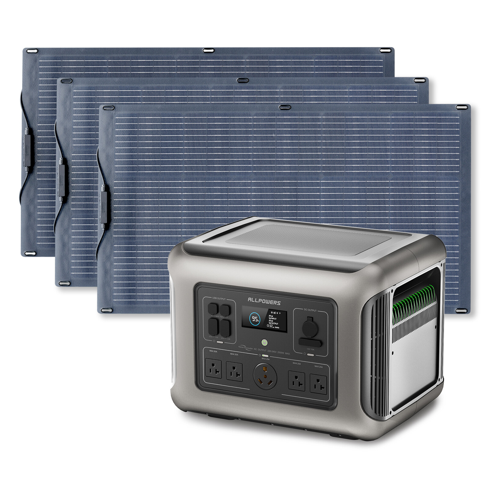 ALLPOWERS Power Station 2016Wh 2500W Solar Generator + 3X 100W Solar Panel Mono