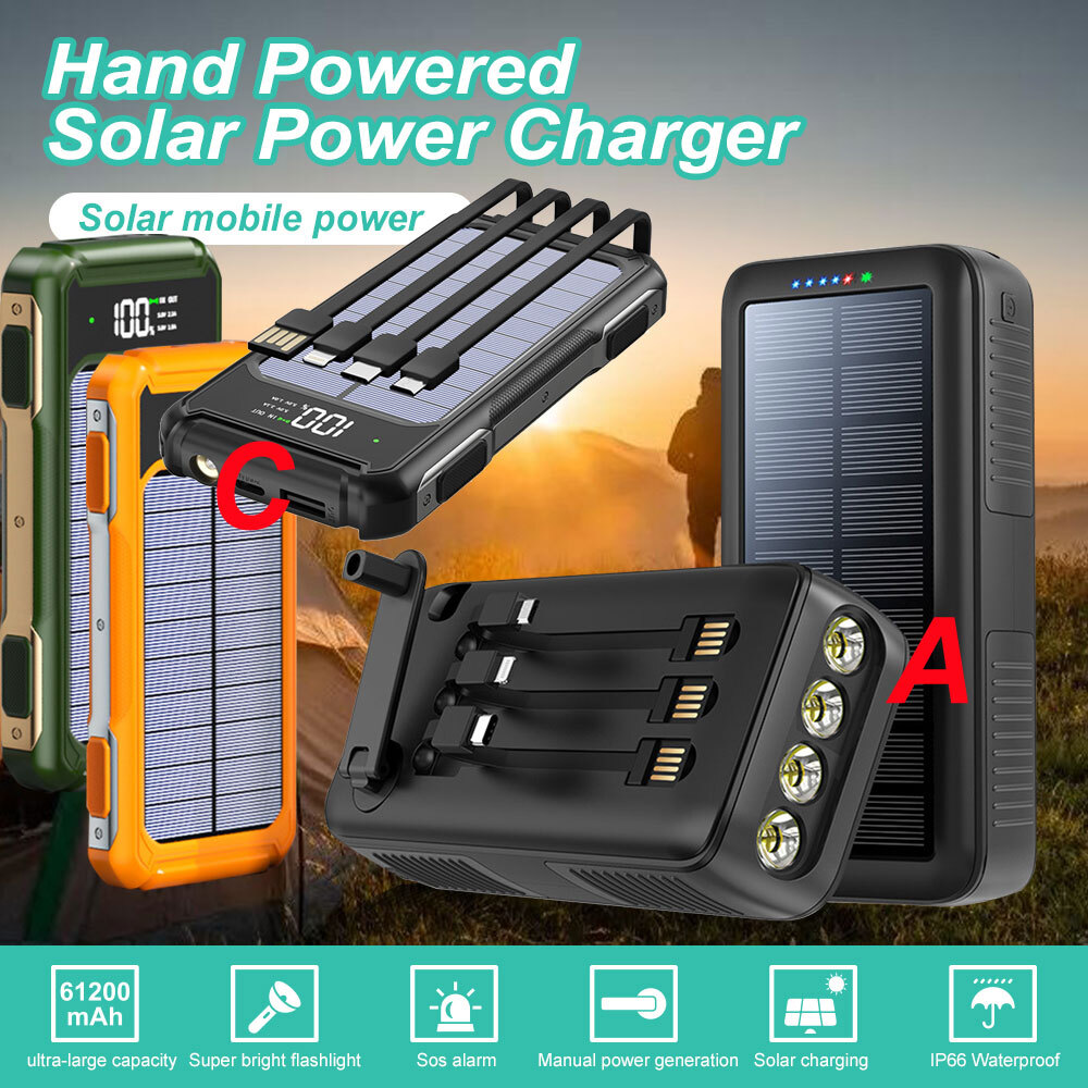 61200mAh Banco De Energia Solar Manivela USB Cargador Luz Para Telefono Celular