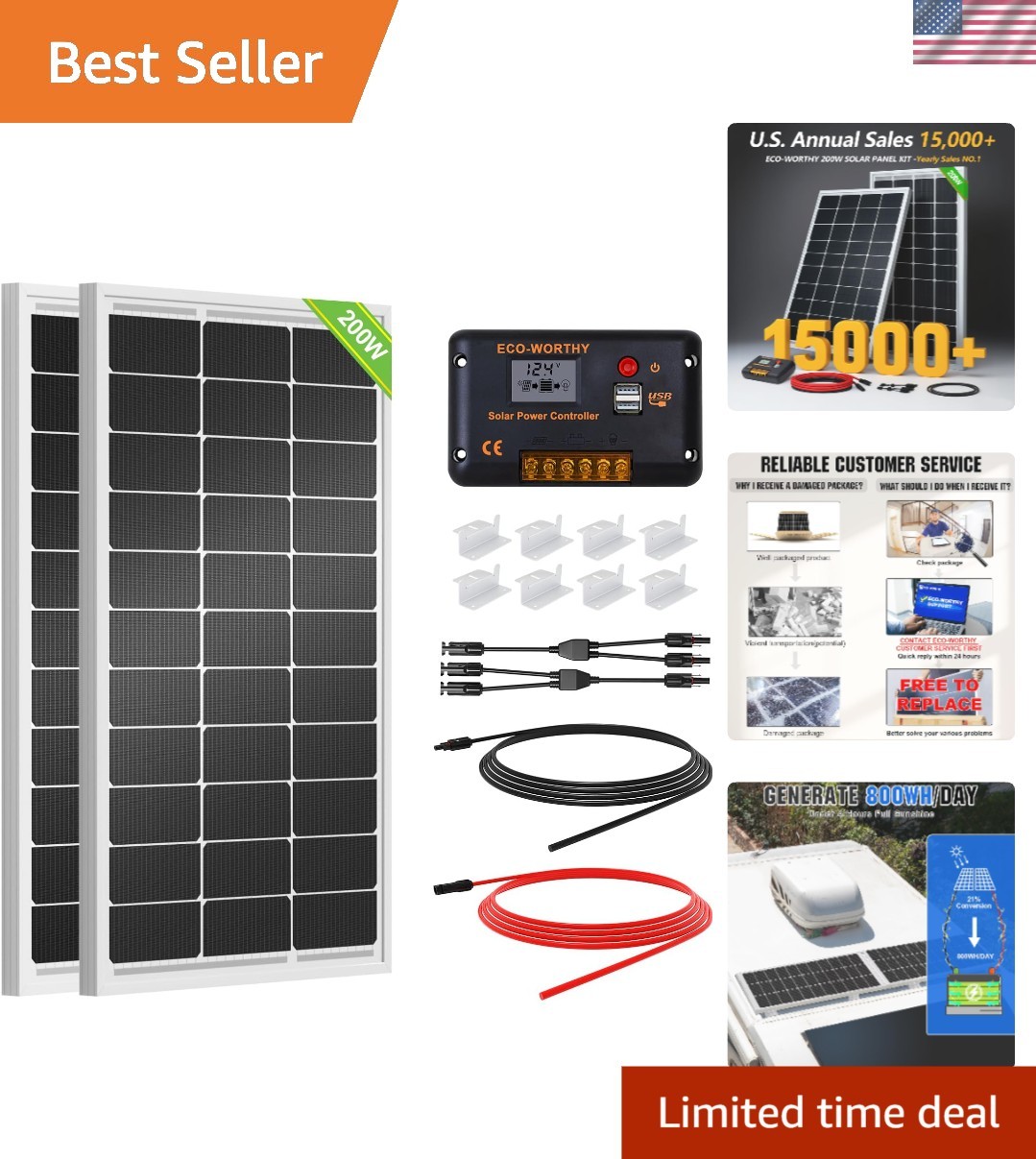 200W Monocrystalline Solar Panel Kit with PWM Controller for RV, Off-Grid