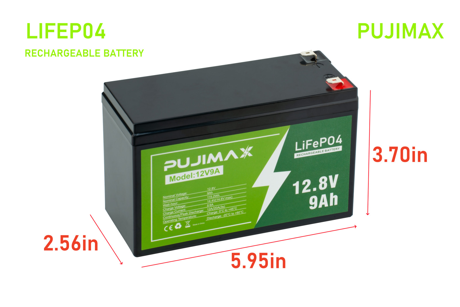 PUJIMAX 12V 9Ah LiFePO4 Lithium Battery Solar System Deep 2000 Cycles Battery