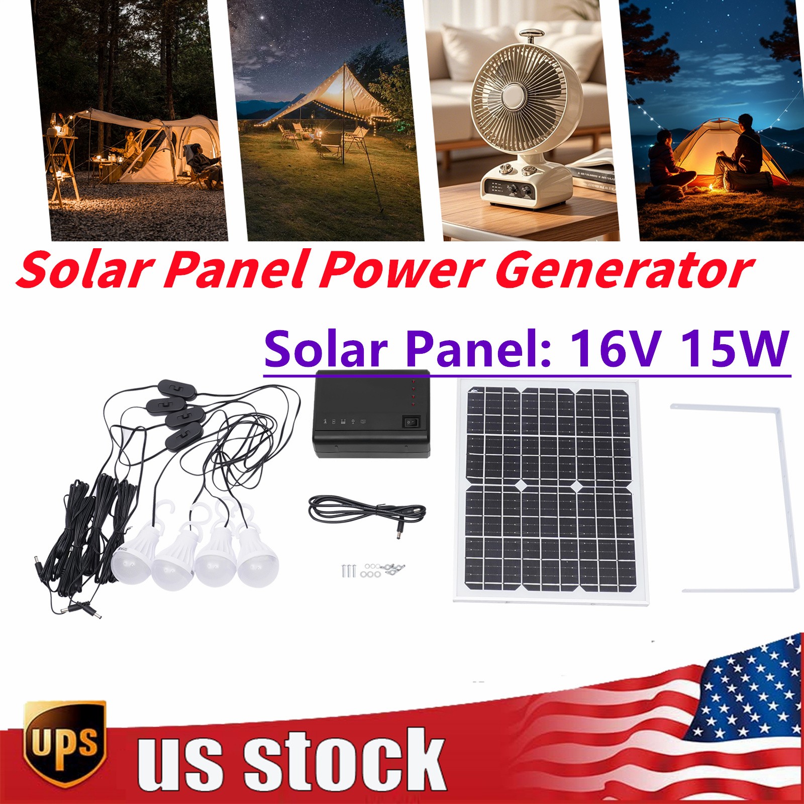 Portable Solar Panel Power Generator Kit Battery Pack Power Station w/4 Bulbs US