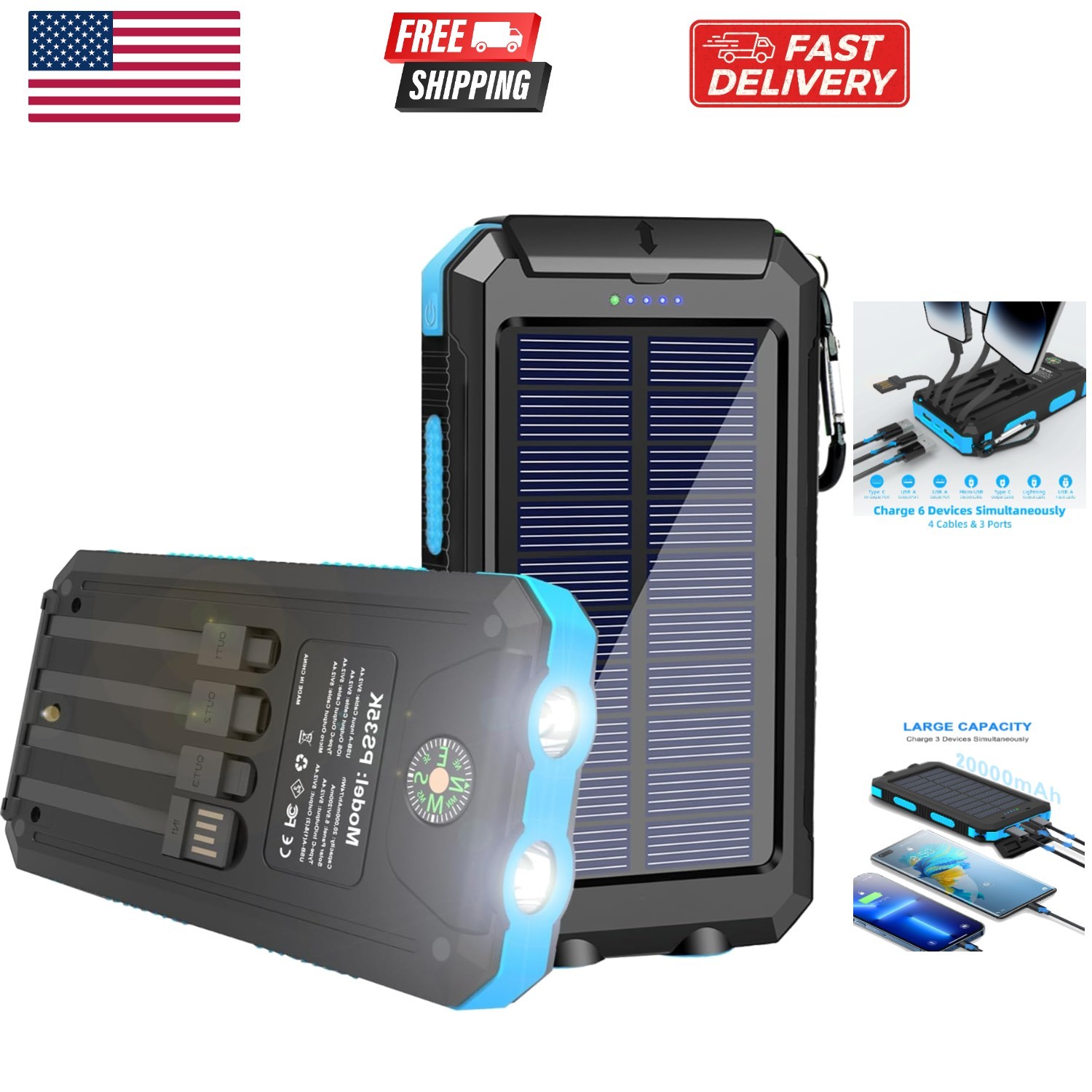 Solar Charger, 20000mAh Portable Type-C Solar Power Bank with 4 Cables, Water…