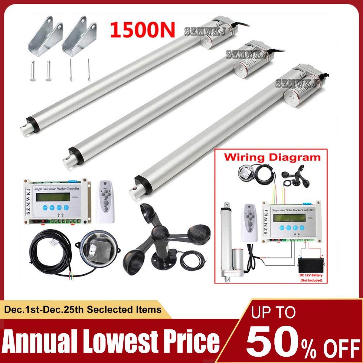 Single Axis Solar Panel Tracker Controller Kits W/ Linear Actuator W/ Anemometer