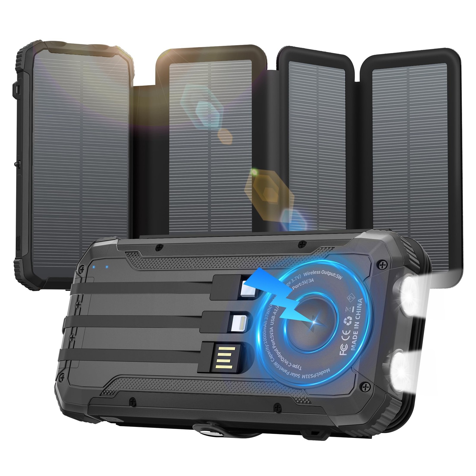 Portable Charger 20000mAh Solar Power Bank Built-in 3 Cables and Wireless Cha…