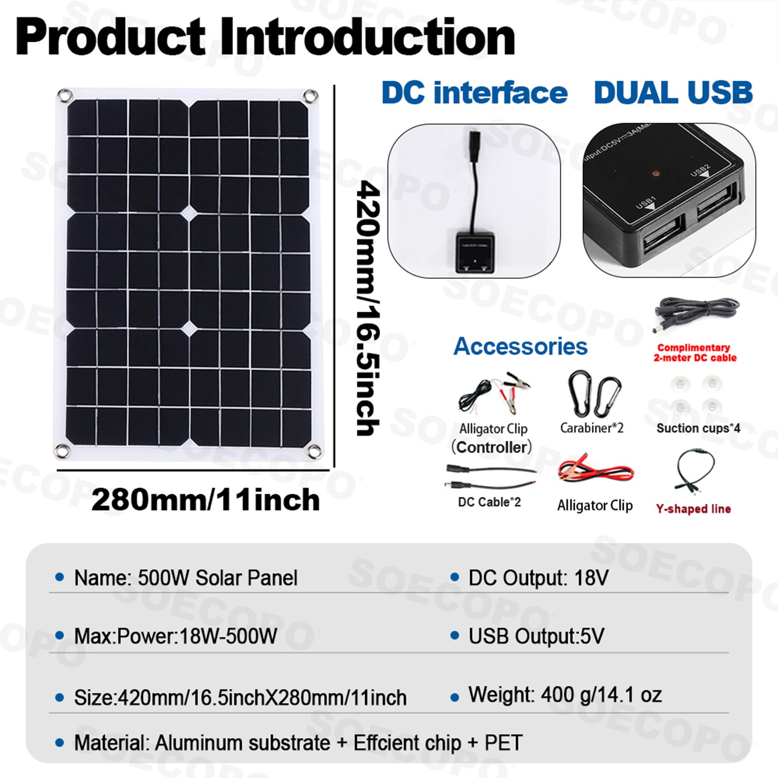 600W  4 x 500W Solar Panels – 100A Controller + Y-Cable + Suction Cups