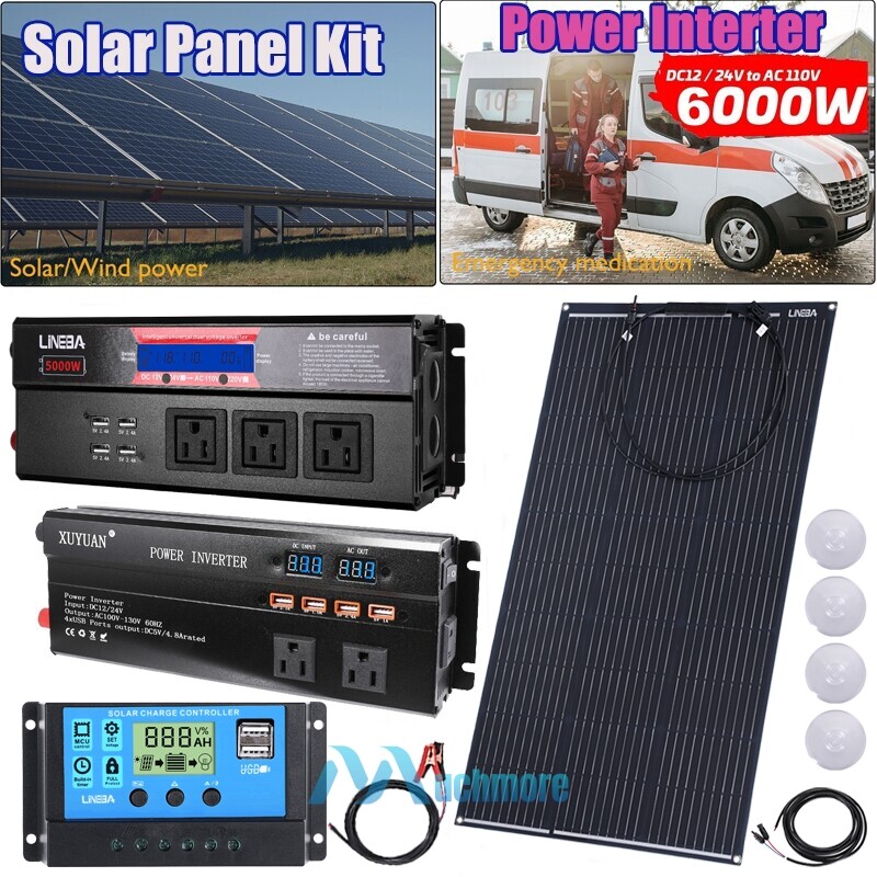 6000W Complete Solar Panel Kit Power Inverter Generator 100A 110V RV Grid System