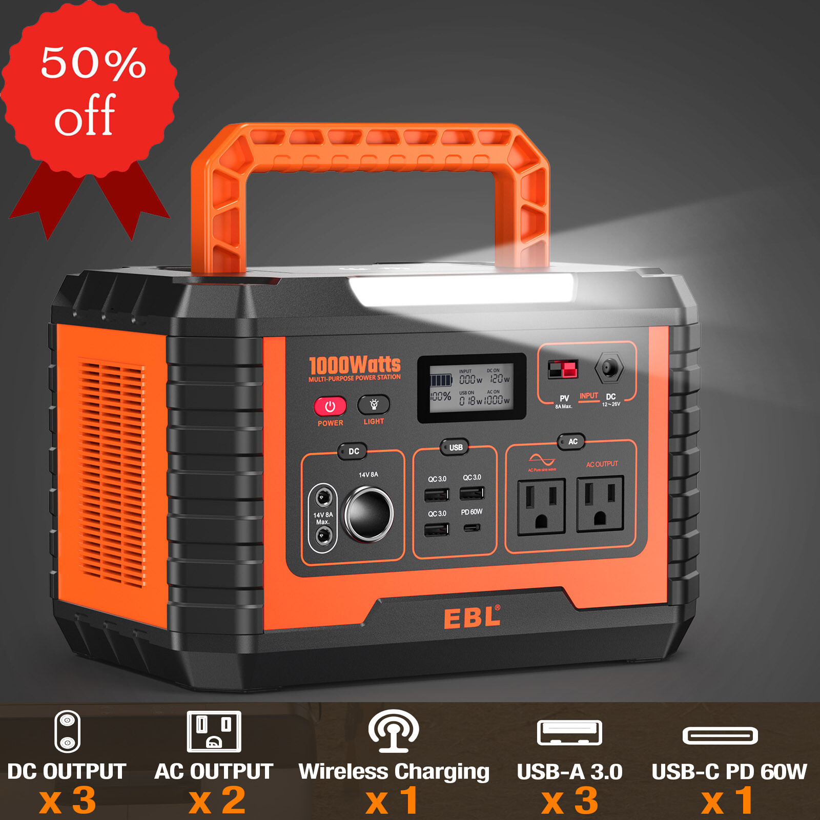 EBL Portable Power Station 1000W Solar Generator(Peak 2000W) 270000mAh