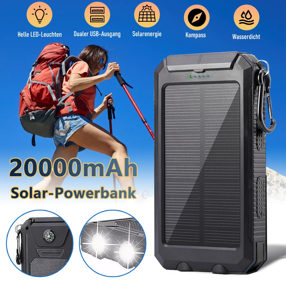 20000Mah Solar Fast Charging Power Bank Portable Battery 2-USB Large Capacity wi