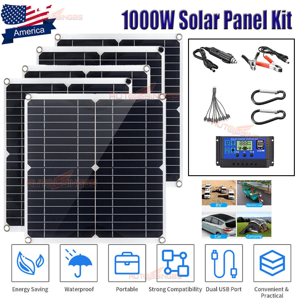 1000W 12V Solar Panel Kit Charging Off-Grid battery power RV Home boat Watt US