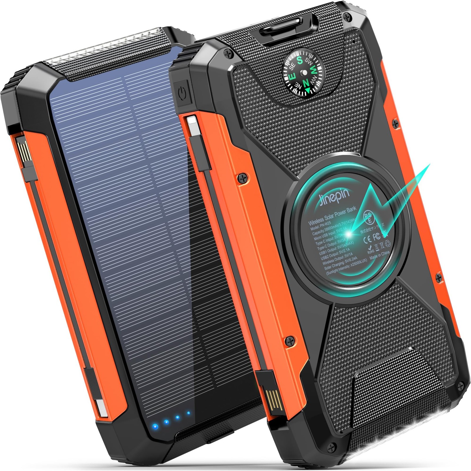Solar Charger Power Bank -38600mAh Solar Phone Charger Built in 3 Cables Wate…