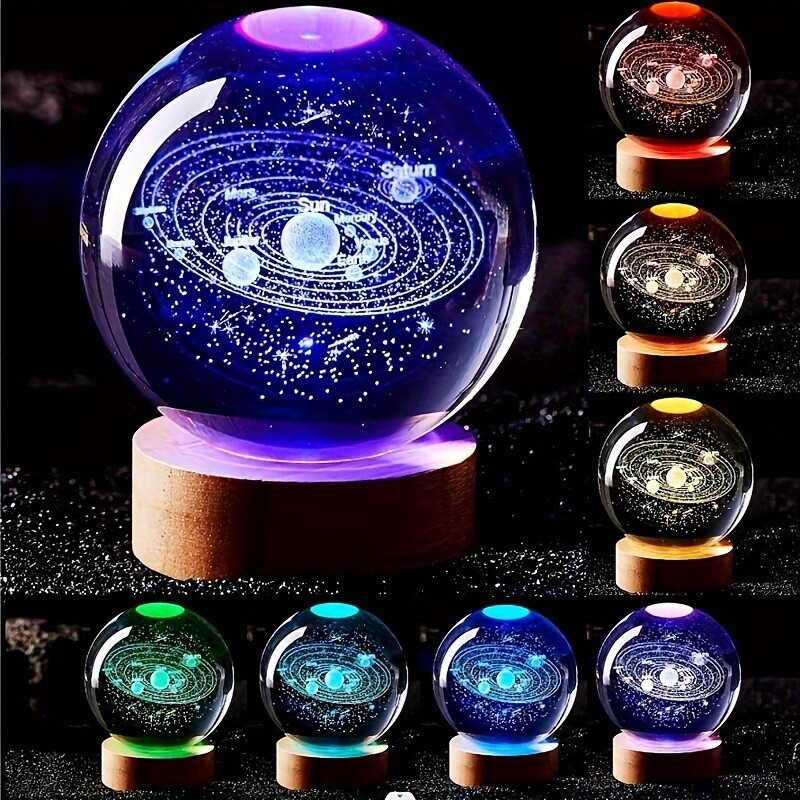 LED Bedside Table Lamp 3D Crystal Ball Night Light Solar System Jellyfish USB