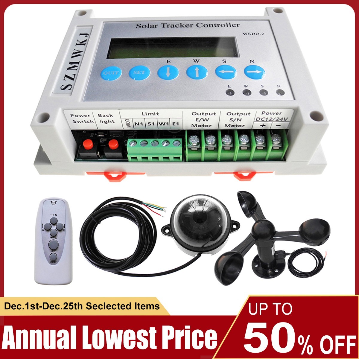 12V 24V Solar Panel Tracking LCD Dual Axis Solar Tracker Controller + Anemometer