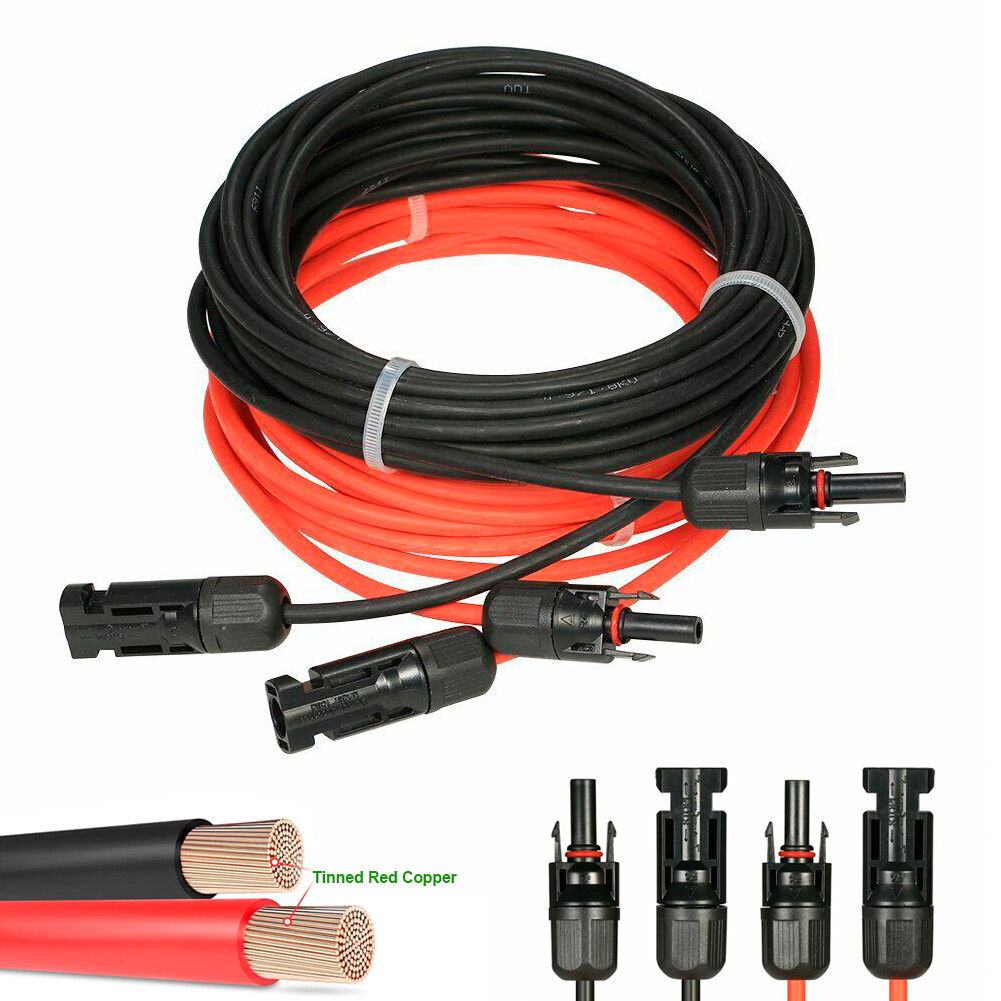 10AWG Black+Red Solar Panel Extension Cable 50Ft + 50ft Female & Male Connectors