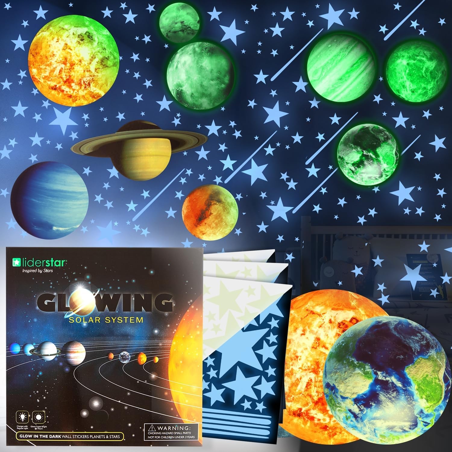 Glow in The Dark Stars and Planets, Bright Solar System Wall Stickers Blue