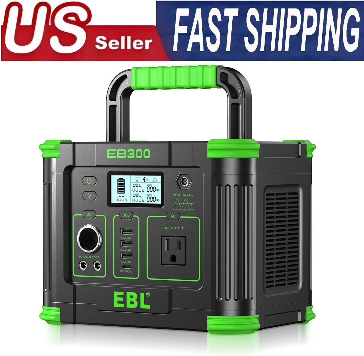 288.6Wh 300W Portable Power Station Solar Generator 9-Port Camping Backup Home