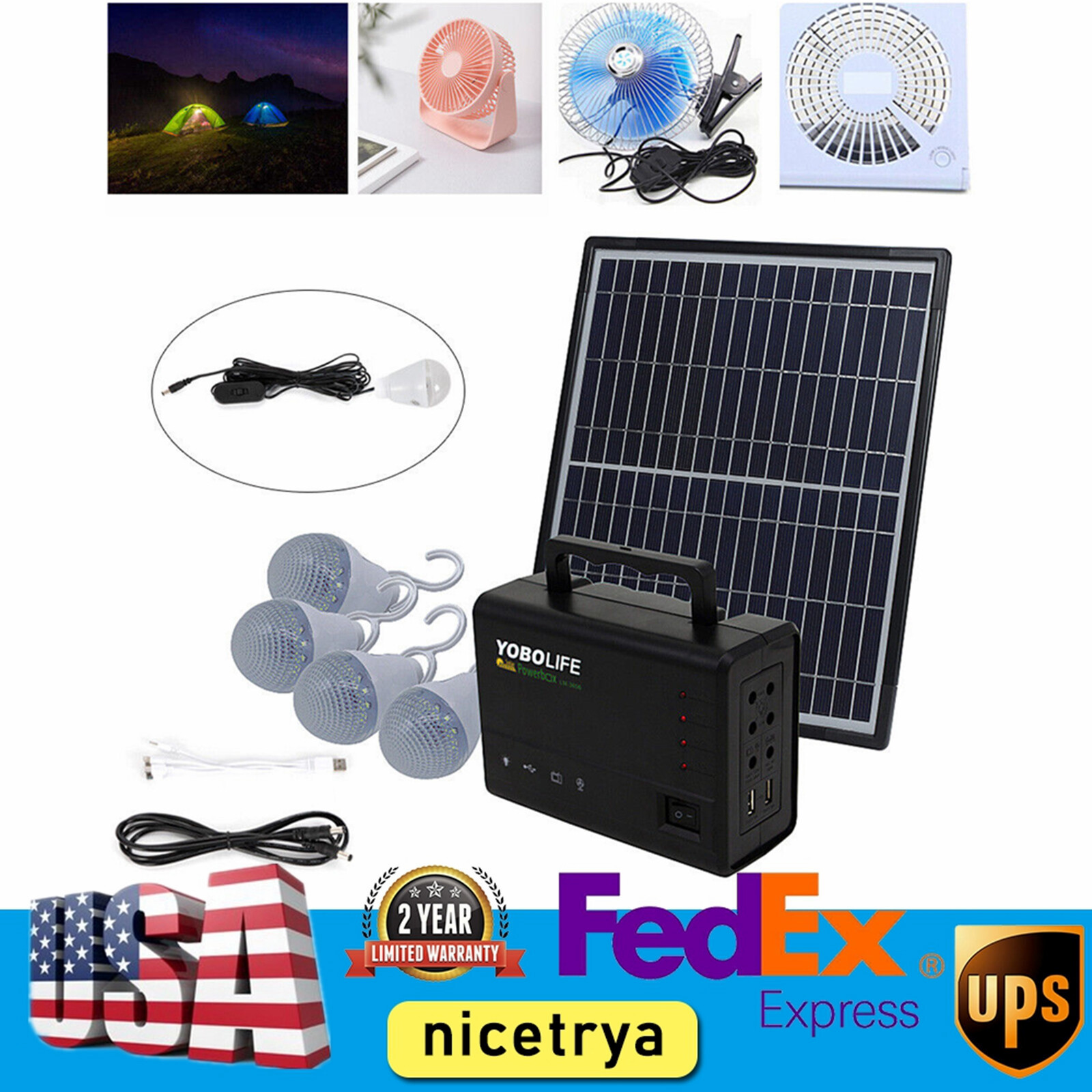Solar Panel Power Generator Kit Battery Pack Power Station w/ 4 Bulbs Portable