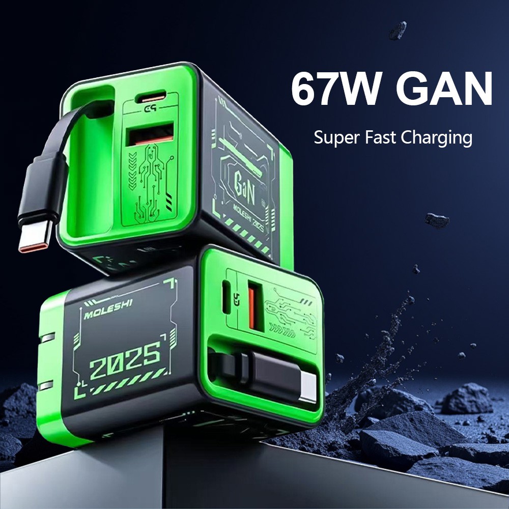 67W GaN Fast Charger with Retractable Cable High Power Output Chargering Head