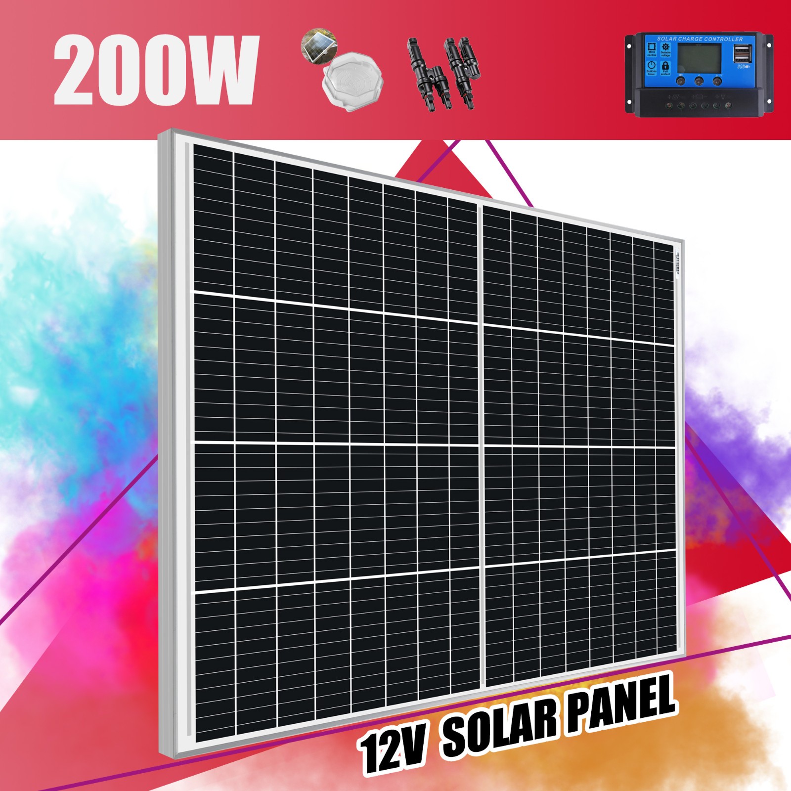 200W Watt 12v Monocrystalline Solar Panel Kit Camping Home Charger Controller US