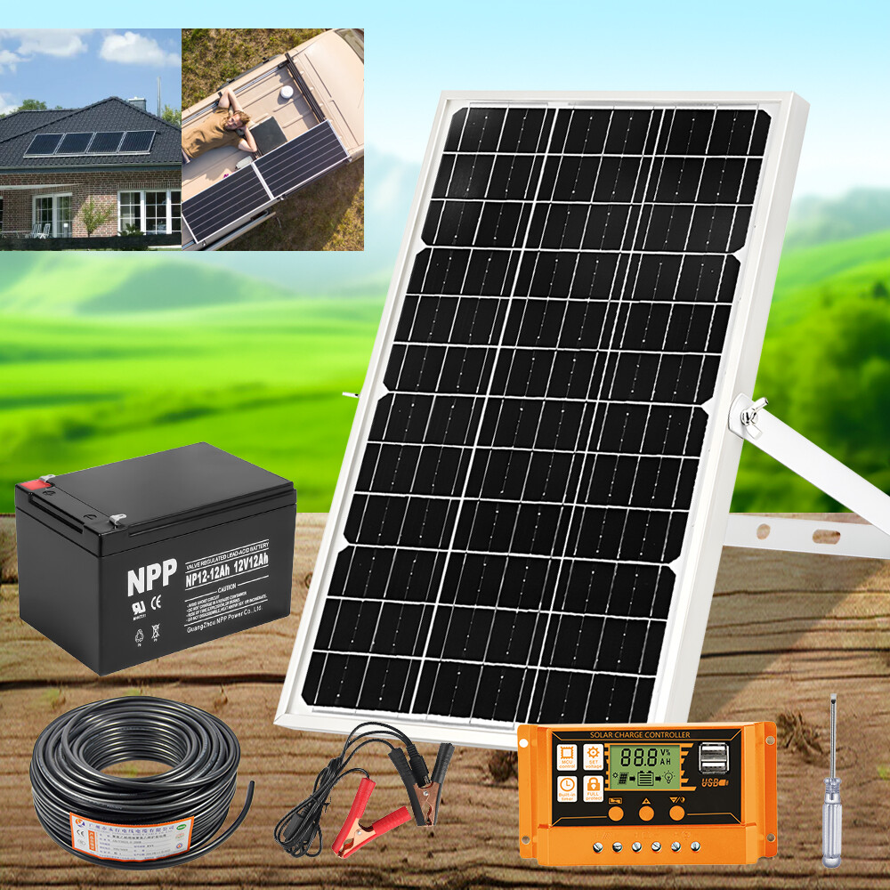 30W 50W Complete Solar Panel Kit+10A Controller+12V 12Ah Lithium Battery Camp RV
