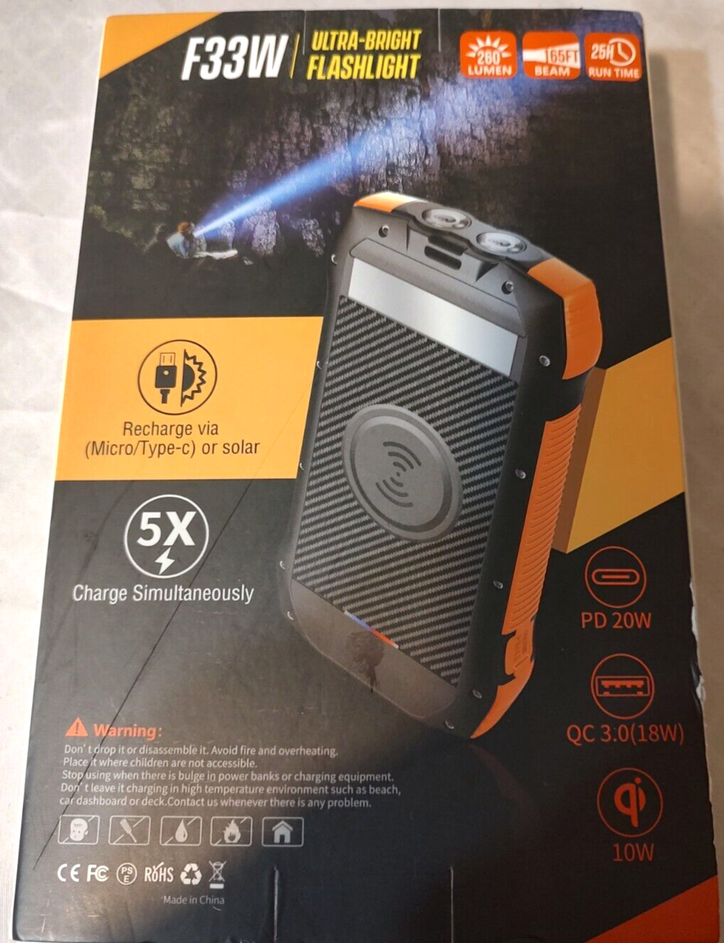 F33W Solar Power Bank, Portable Charger 33500mAh QC3.0